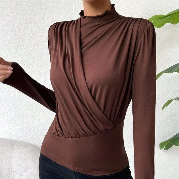 Brown Casual Womens Solid Ruched Mock Neck Tee - Picture 6 of 6